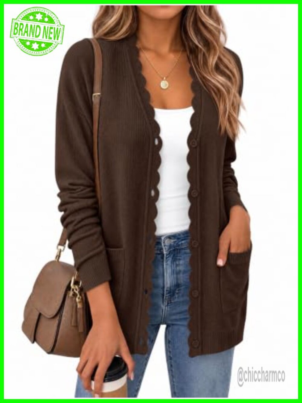 Oversized Button Up V Neck Cardigan Sweater with Pockets Wavy Edge